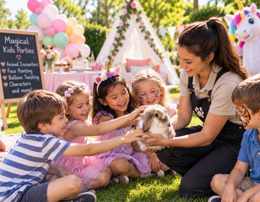 Young children sitting on the grass meeting a rabbit or a lamb with a handler kneeling bes