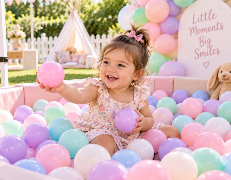Toddler sitting in a pastel ball pit surrounded by balls, soft light, clean styled setup