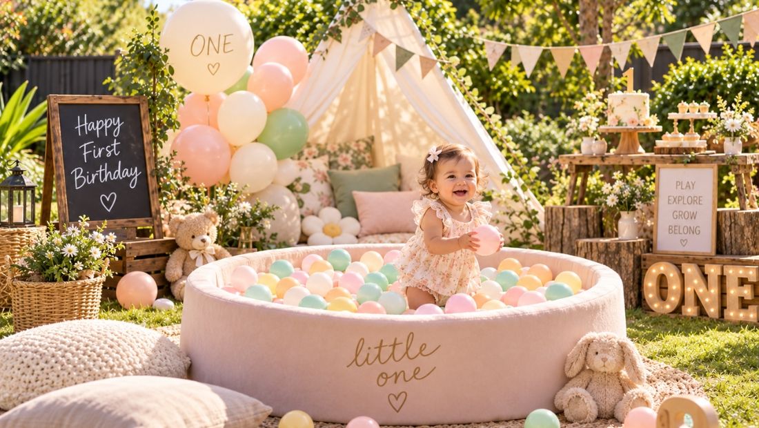 Ball pit styled as a photo corner with a balloon arch behind it at a first birthday.