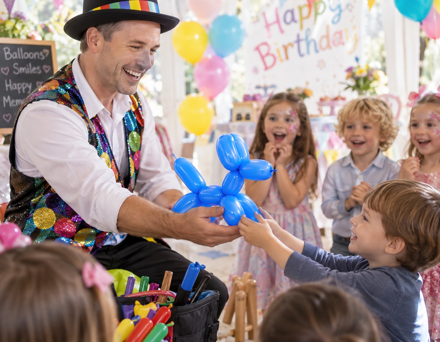 Balloon artist mid twist handing a completed balloon model to a child, other children watc