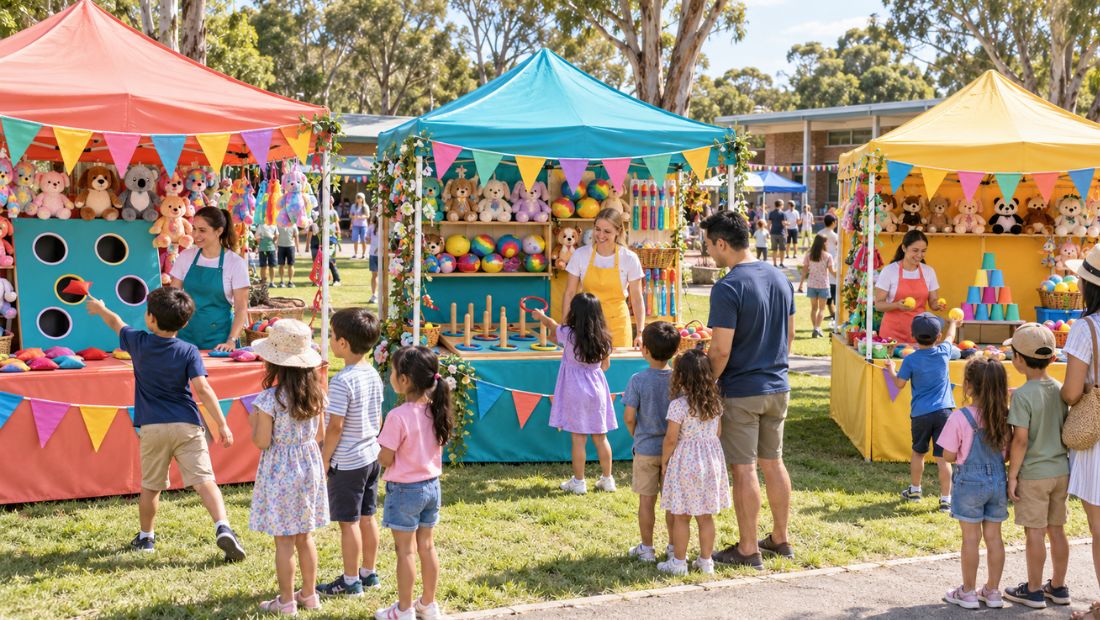 Carnival style game stalls set up at a fun day with prize bunting.