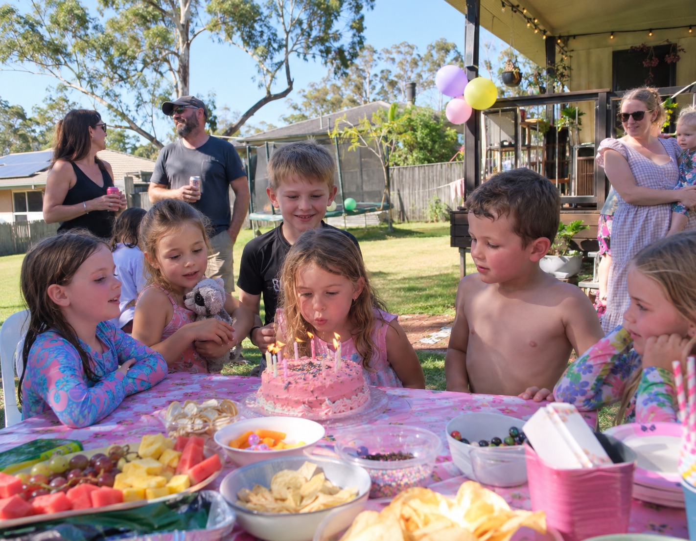 Group photo moment with a character and a line of children, outdoors in shade.