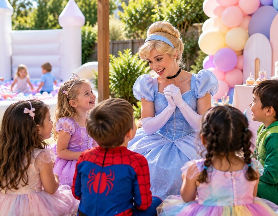Costumed character entertainer greeting a small child at a party, other children approachi