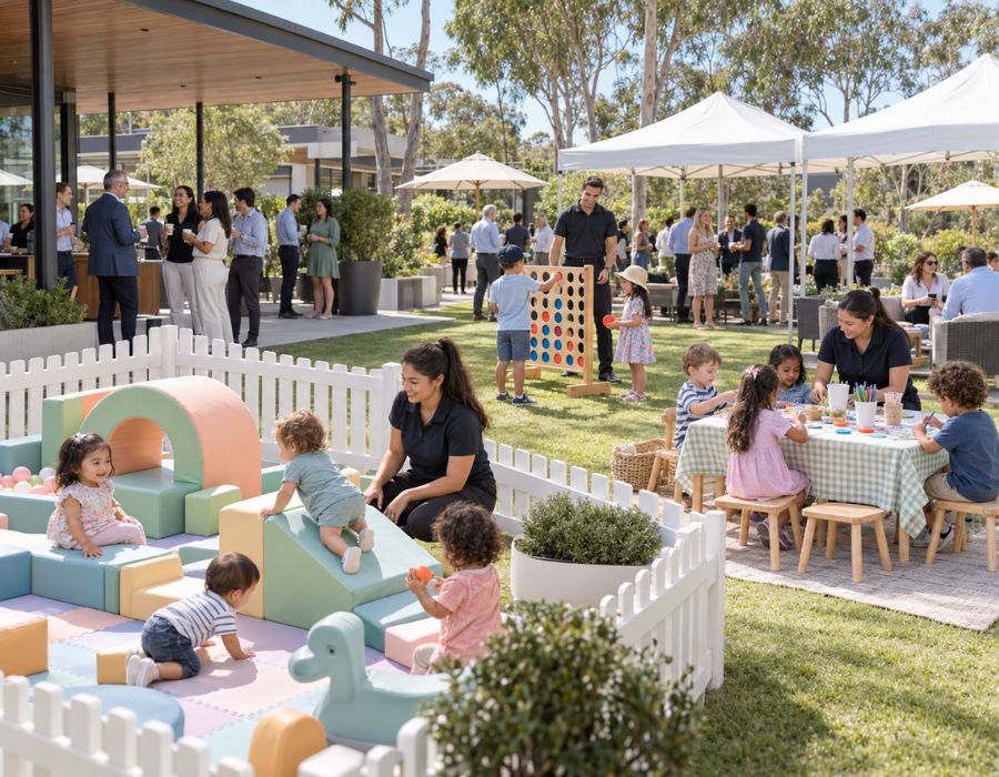 Children's activity area at a corporate family day, adults socialising in the background.