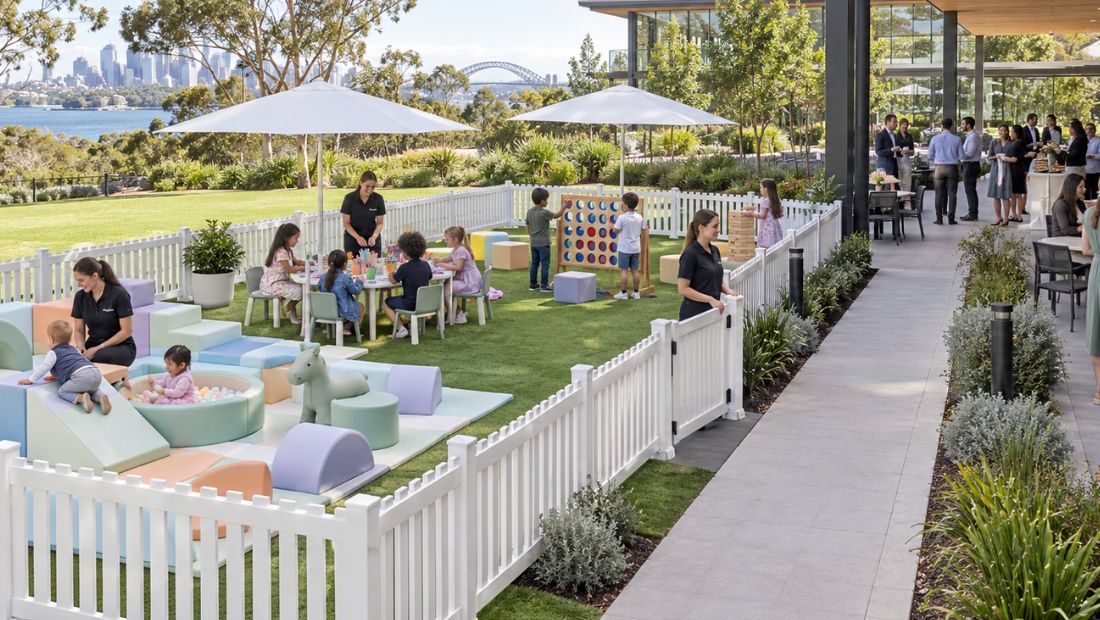 Defined kids zone with clear boundaries beside a corporate event space.