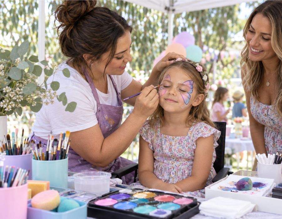 Face painter part way through a butterfly or tiger design, child sitting still, brushes an