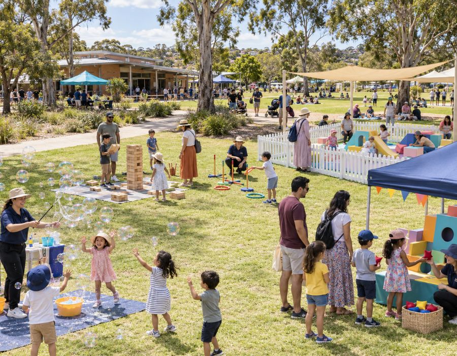 Community fun day with several activity stations, families spread across a park or oval.