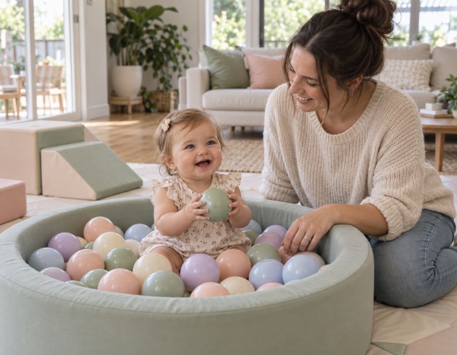 One year old in a pastel ball pit with a parent nearby, soft natural light.