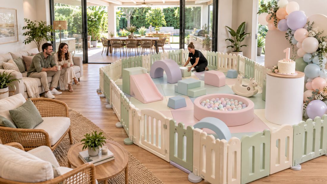 First birthday setup with soft play, a small cake table and seating for adults.