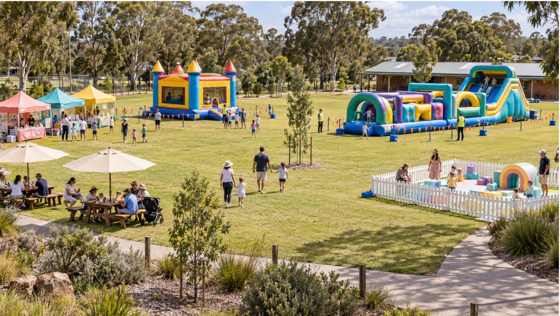 Wide view of a fun day layout showing spacing between inflatables, stalls and seating.