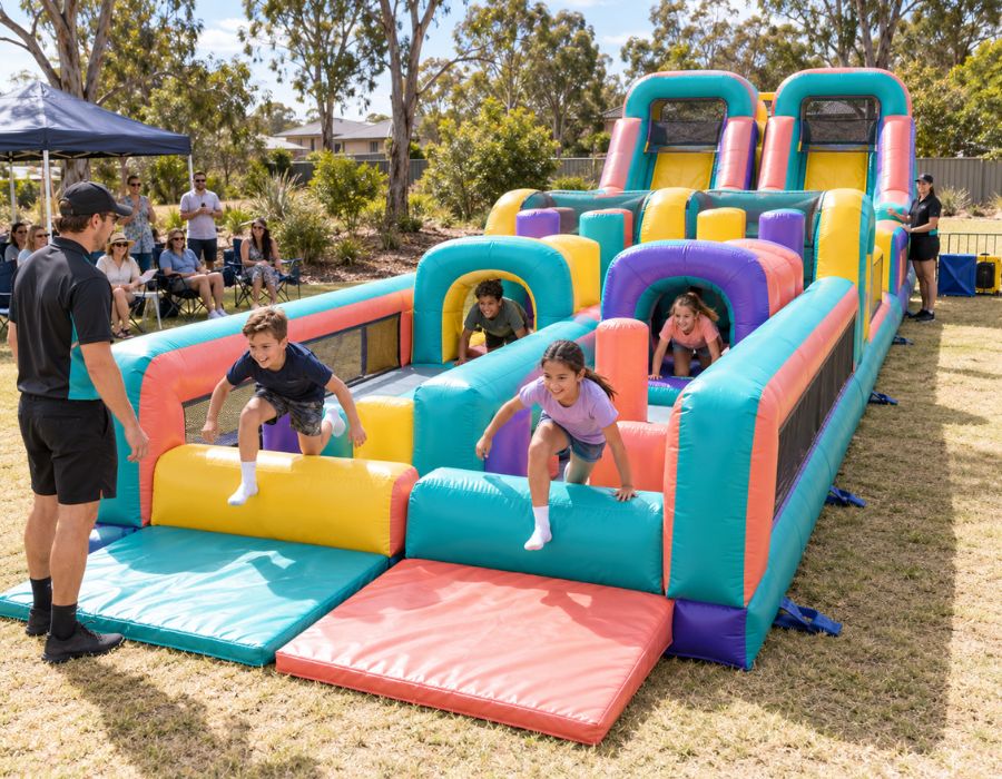 Children racing through an inflatable obstacle course outdoors on grass.