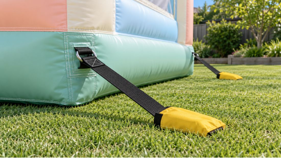 Close view of castle anchoring pegs or weights on grass, showing correct setup.