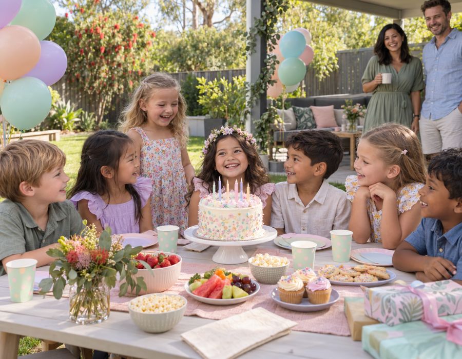 Children around a table at a backyard birthday party with balloons and a cake.