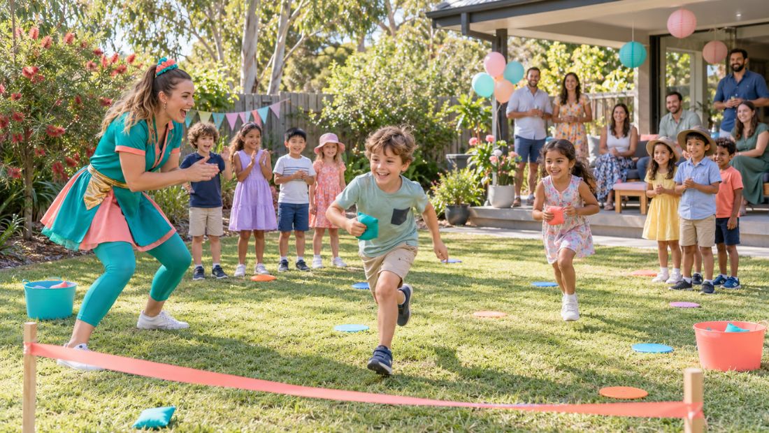 Party in full swing with an entertainer leading a game and parents watching.