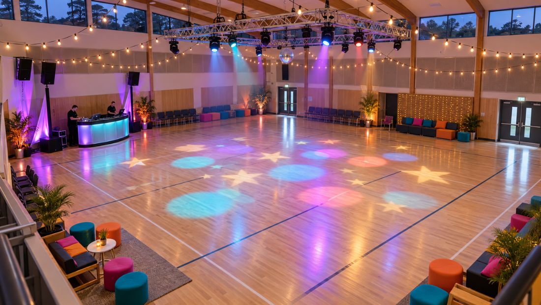 Hall set up for a kids disco with lighting rig, clear dance floor and seating around the