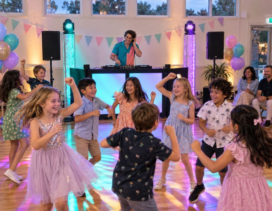 Kids DJ behind a small console with children dancing under party lighting in a hall.