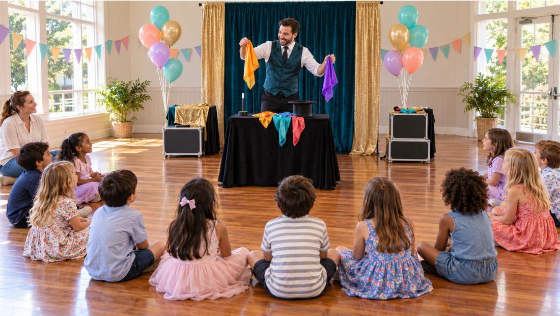 Indoor magic show setup with children seated on the floor in a semicircle.