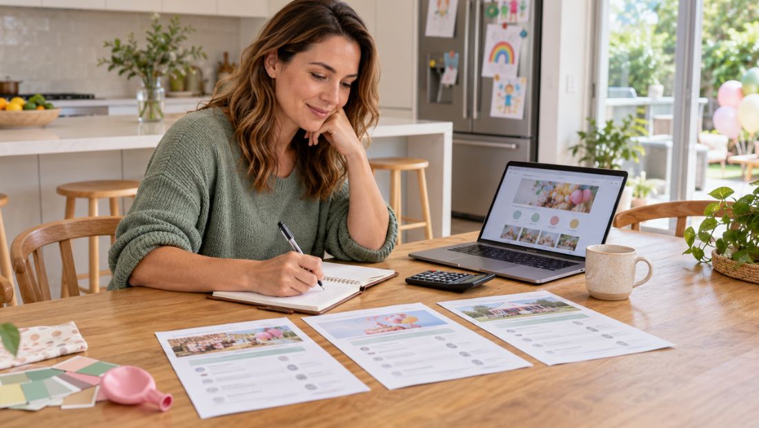 Parent comparing party quotes at a kitchen table with a notepad.