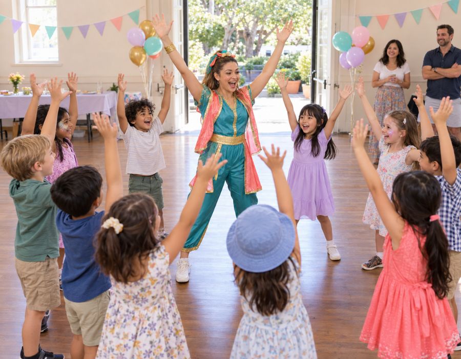 Party entertainer mid game with a circle of children, arms up, clearly leading the group r