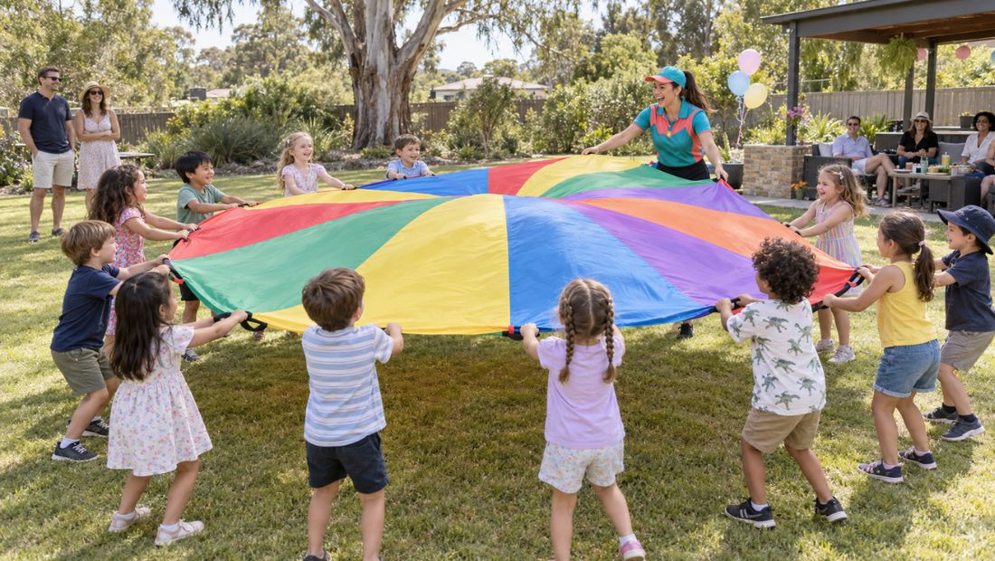 Entertainer running a parachute or team game outdoors with a mixed age group.