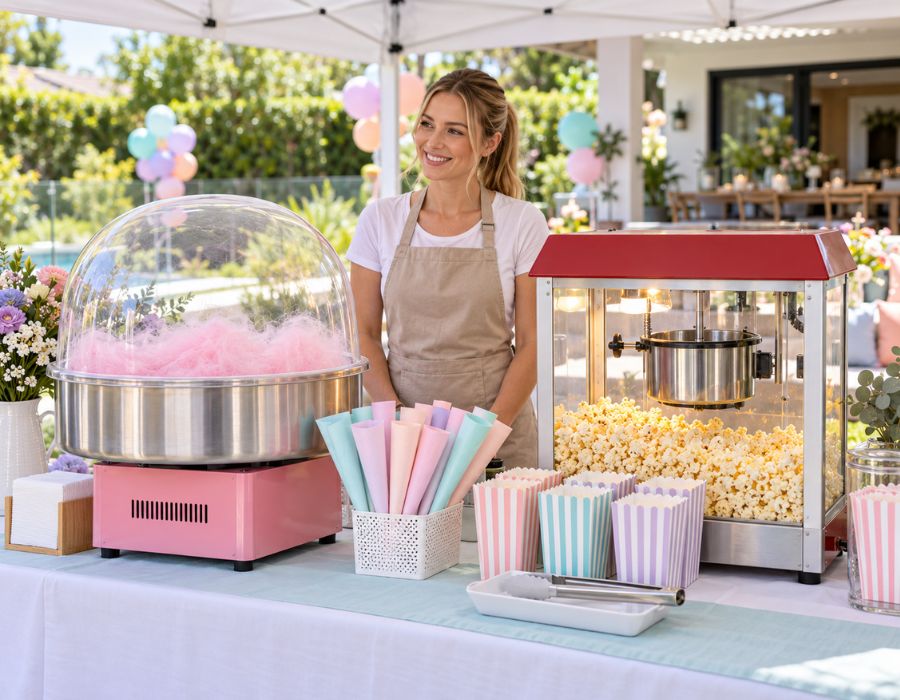 Fairy floss and popcorn machines set up on a party table with cones and boxes ready.
