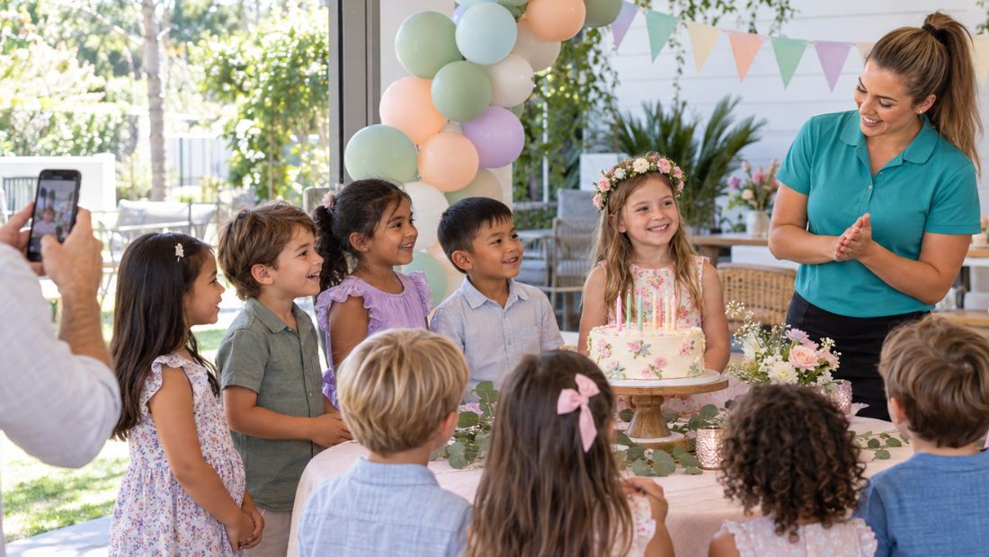 Host managing the cake moment with children gathered, parent photographing