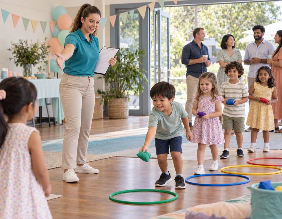 Party host with a clipboard or run sheet directing an activity while parents stand back re