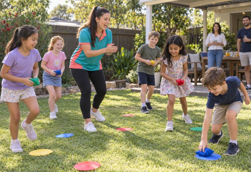 Entertainer running a game with a group of primary school aged children in a backyard.