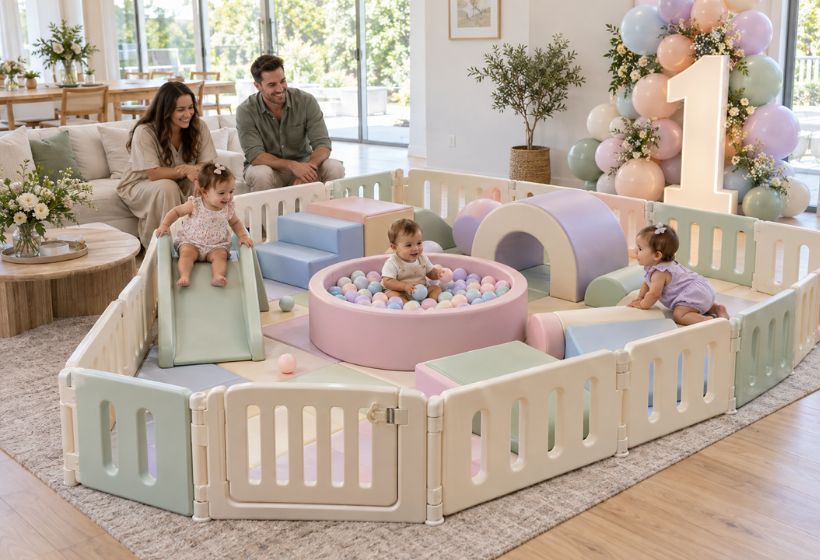 Indoor pastel soft play and ball pit for a first birthday