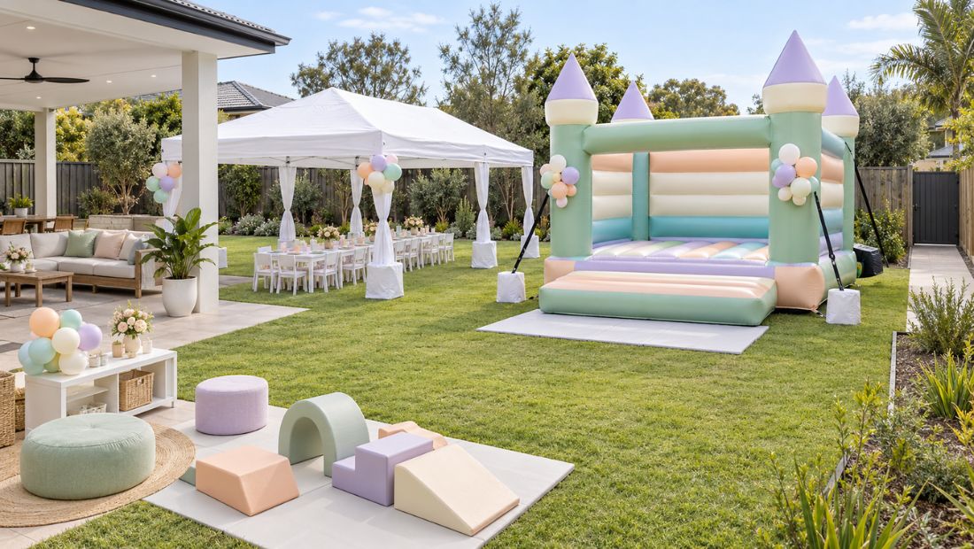 Party setup photographed before guests arrive, showing a castle or marquee ready to go.