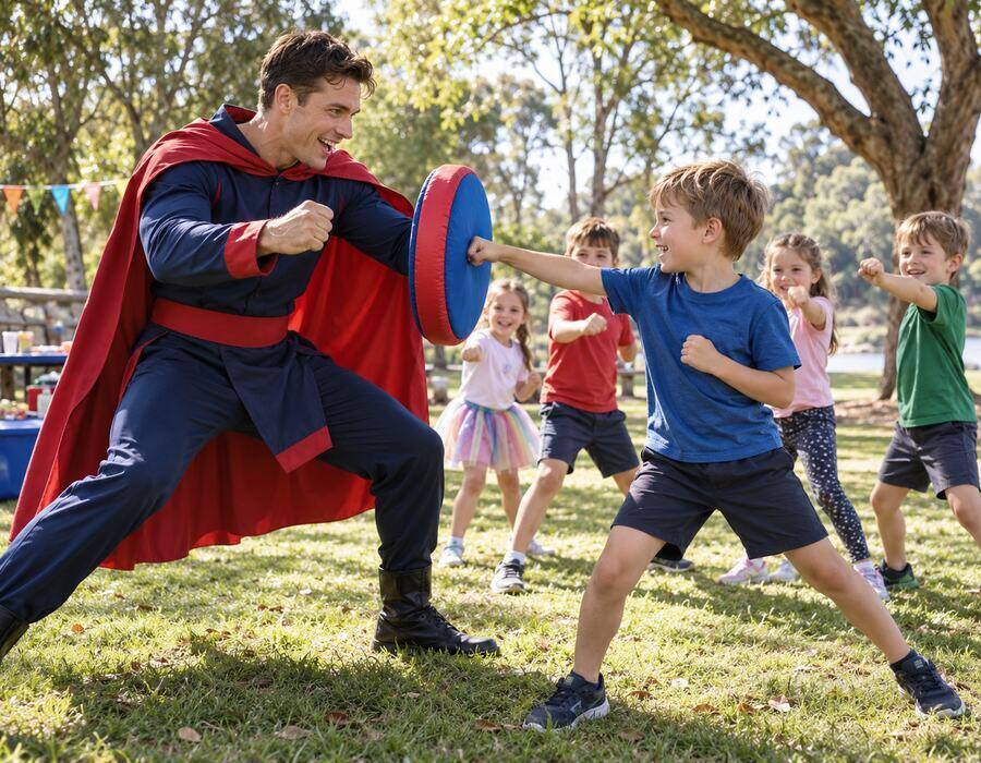Children at a superhero party in a typical Ipswich setting. Use a real local photograph onc