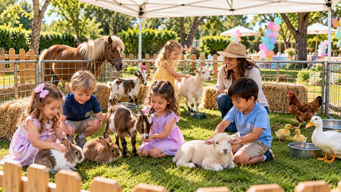 Mobile petting zoo pen set up on grass with fencing, shade and several small animals