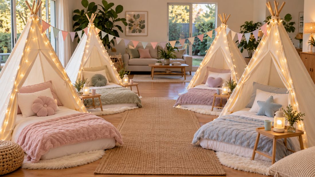 Teepee sleepover setup with mattresses, bunting and fairy lights in a lounge room.