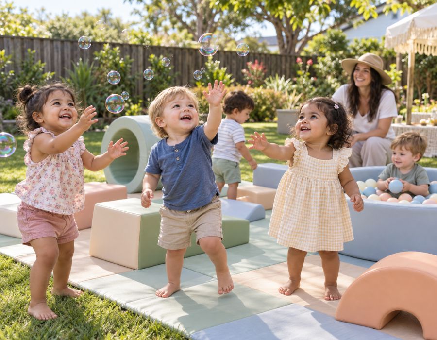 Two and three year olds playing with bubbles and soft play equipment outdoors.