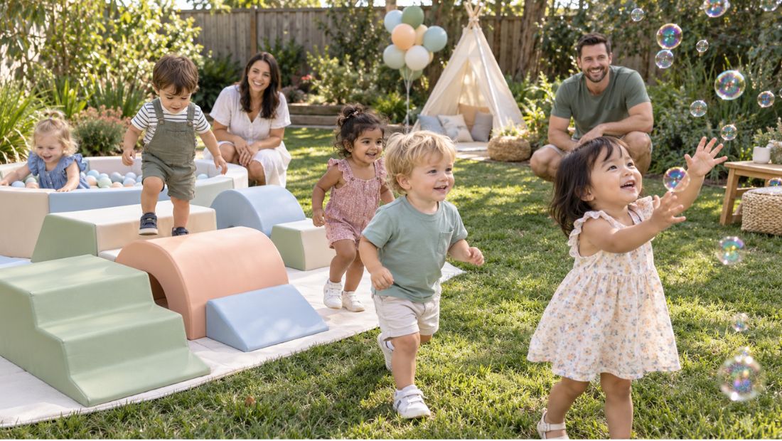 Toddlers moving between a play area and a bubble activity with parents nearby.