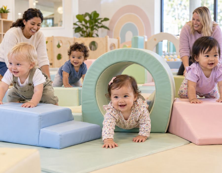 One year olds crawling through a soft tunnel and over low foam shapes indoors.