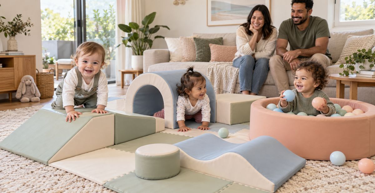 Compact toddler play setup in a lounge room with parents seated nearby.